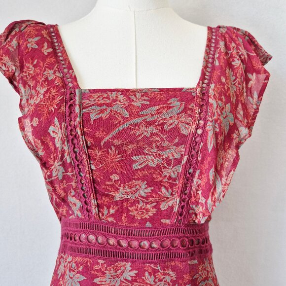 Sundance Harvest Floral Tiered Maxi Dress Ruffle Cap Sleeve Chiffon Red - Picture 5 of 16